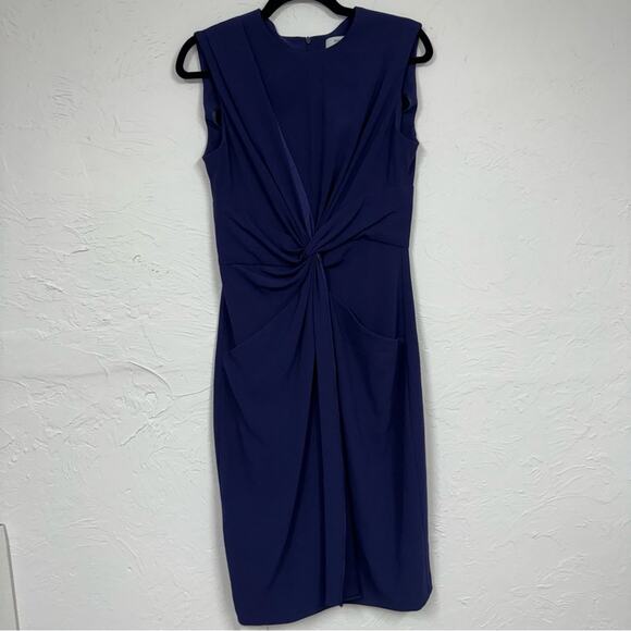 MM Lafleur Navy Blue Twist Cocktail Dress Womens 6 Sleeveless Knee Length Sheath